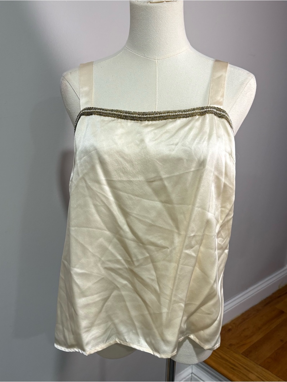 Vtg Black Tie By Oleg Cassini 100% Silk Cream Sleeveless Top Beaded Neck Sz 8